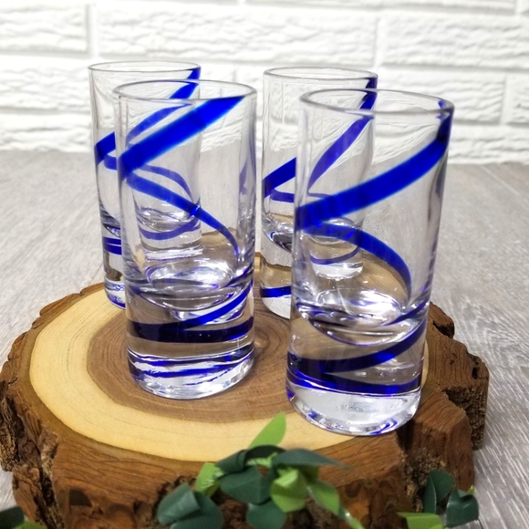 Swirling cobalt blue handblown shot/cordial glasses set of 4 - Picture 6 of 8